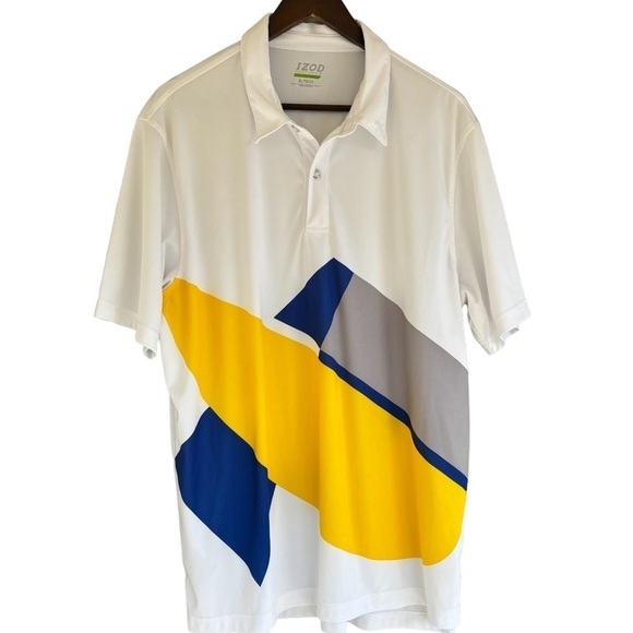 Izod Golf Shirt Size XL Short Sleeve Collared White Blue Gray Yellow Colorblock - Picture 8 of 8